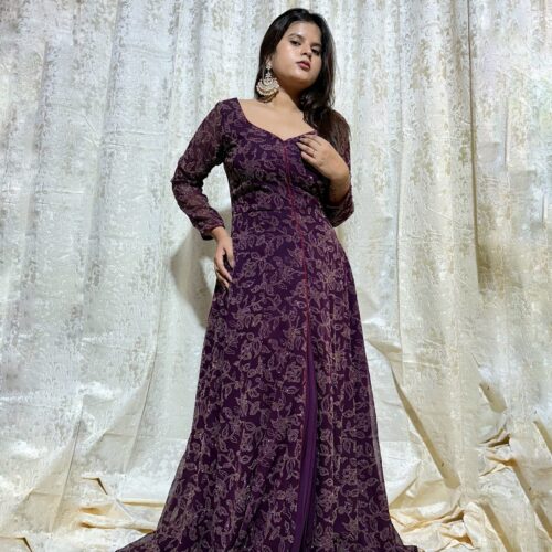 Plum Embroidered Georgette Anarkali Gown