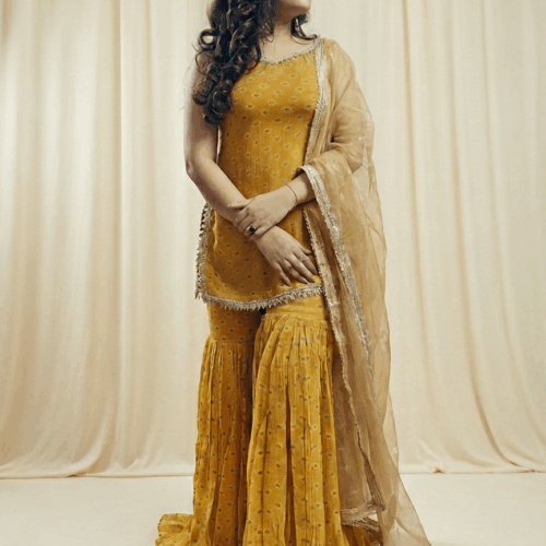 Mustard printed gharara set(3pc set)